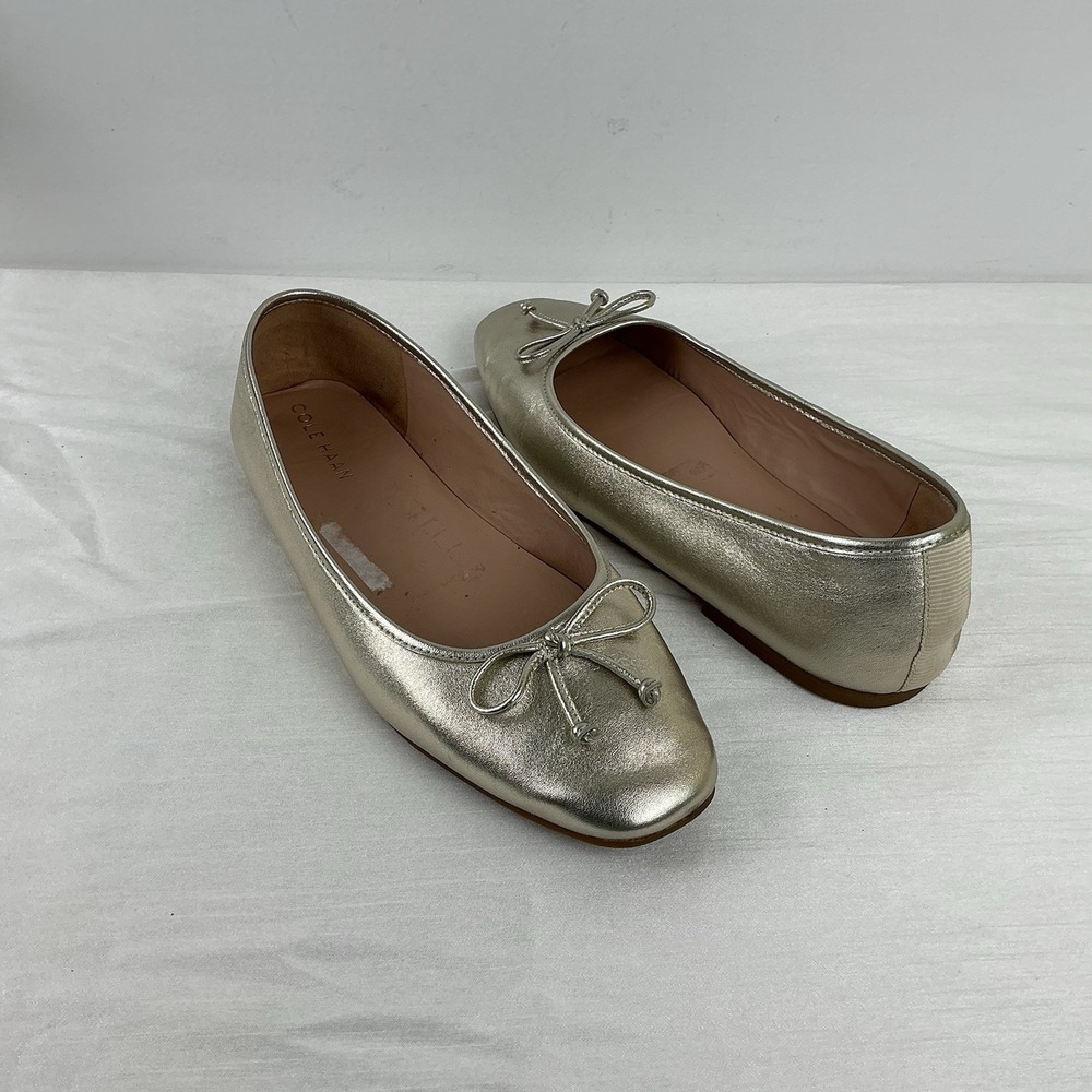 Cole Haan Ballet Flats Womens Size 8 Gold Metallic Leather Bow